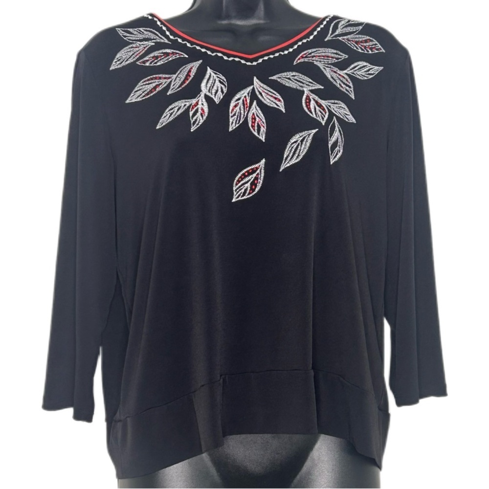 Alfred Dunner Black Embellished embroidered 3/4 Sleeve polyester blouse size m